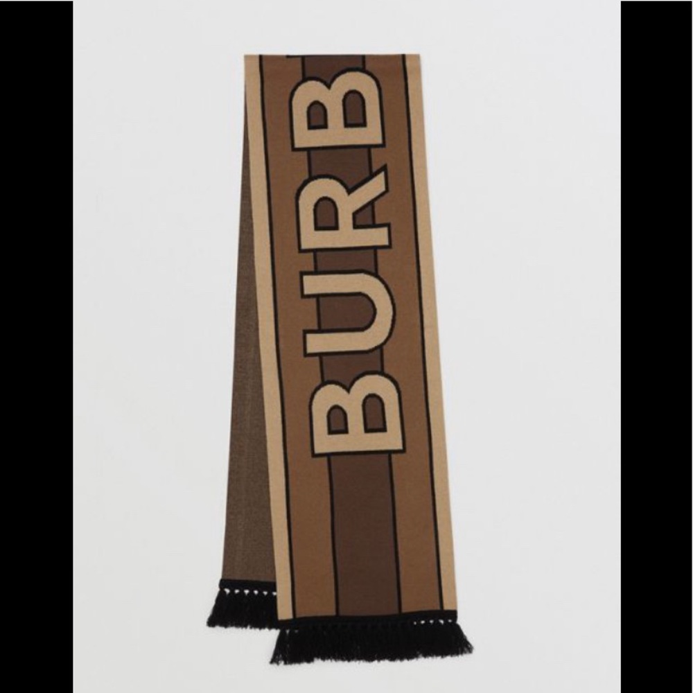 Burberry Logo Cashmere Jacquard Brown Scarf NWT
